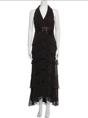 Tadashi Shoji Brown Halter Ruffled Maxi Gown